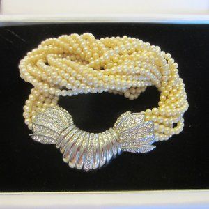 Twisted Torsade Micro Pearl Beaded Cluster Necklace Silver Rhinestones Clasp